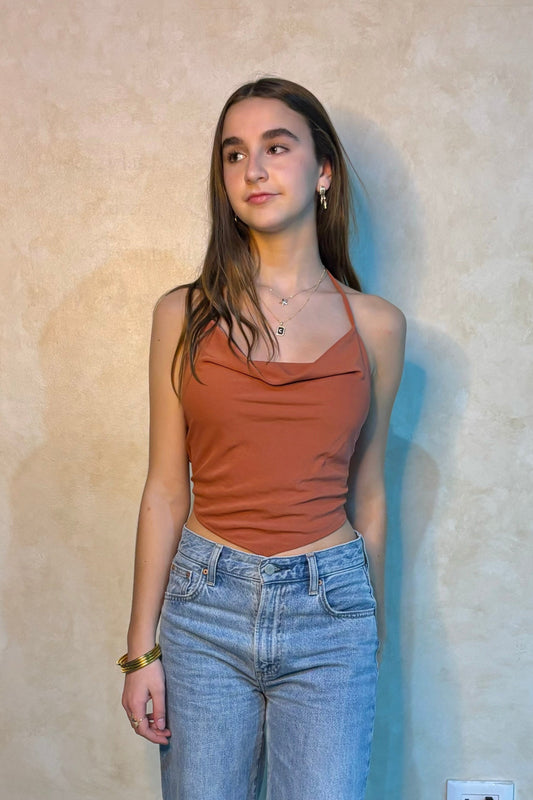 Marsala Satin Cowl Top With Strappy Back