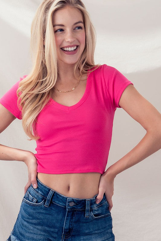 Solid V Neck Cropped Tee Fuchsia