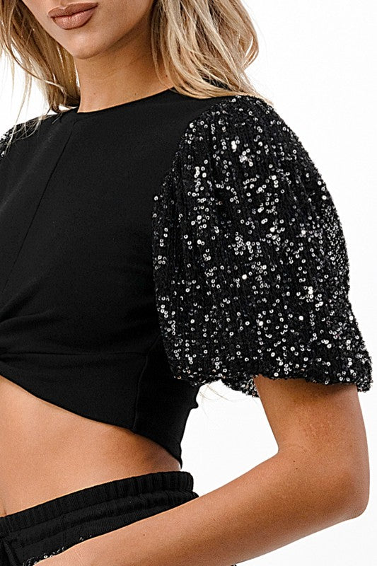 Sequin Contrast Knit Cropped Top