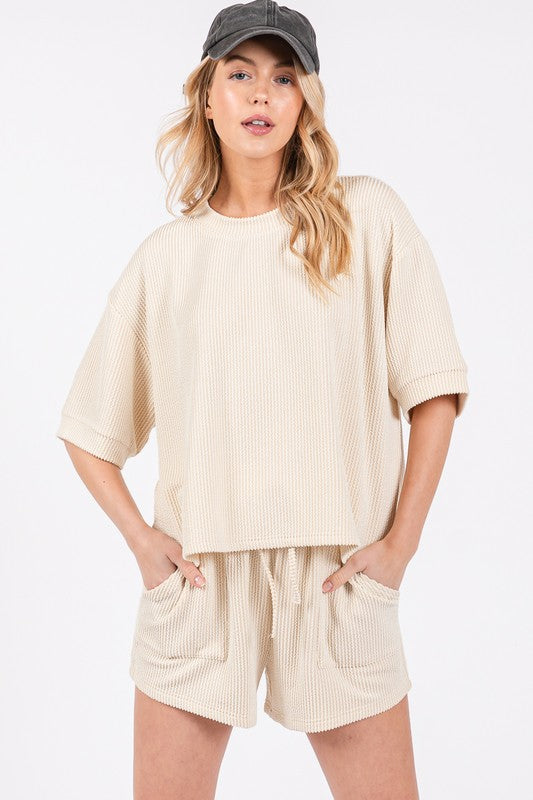 Ribbed Round Neck Top & Short Set Ecru
