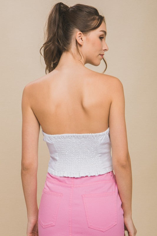 Denim Strapless Button-Up Crop Top White