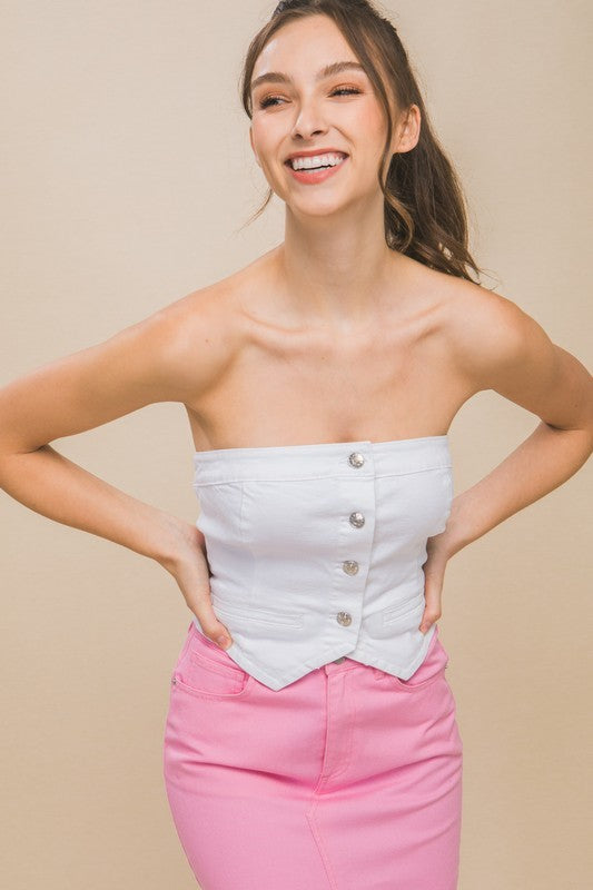 Denim Strapless Button-Up Crop Top White