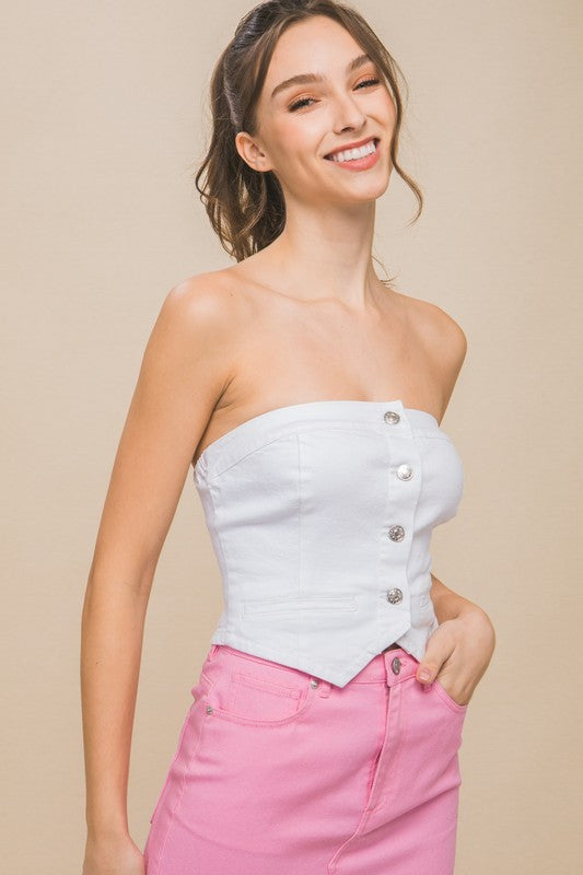 Denim Strapless Button-Up Crop Top White