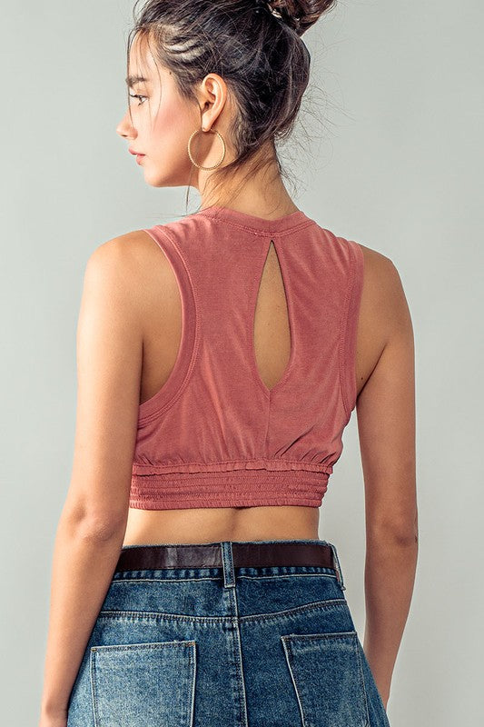 Bella Armhole Smocked Crop Knit Top Almond