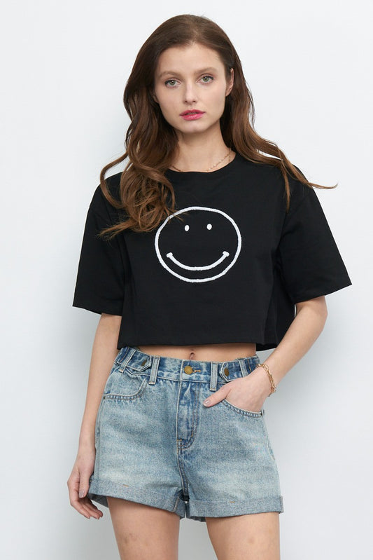 Short Sleeve Round Neck Big Smiley Face Crop Top Black & White