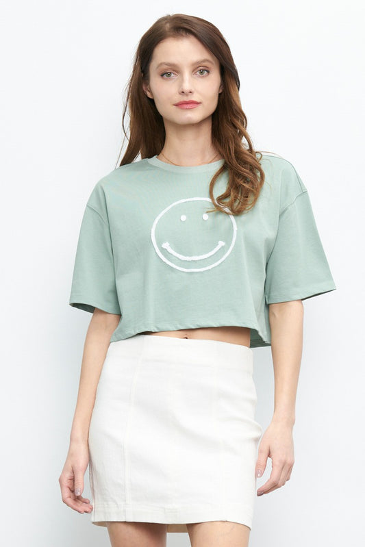 Short Sleeve Round Neck Big Smiley Face Crop Top Sage/White
