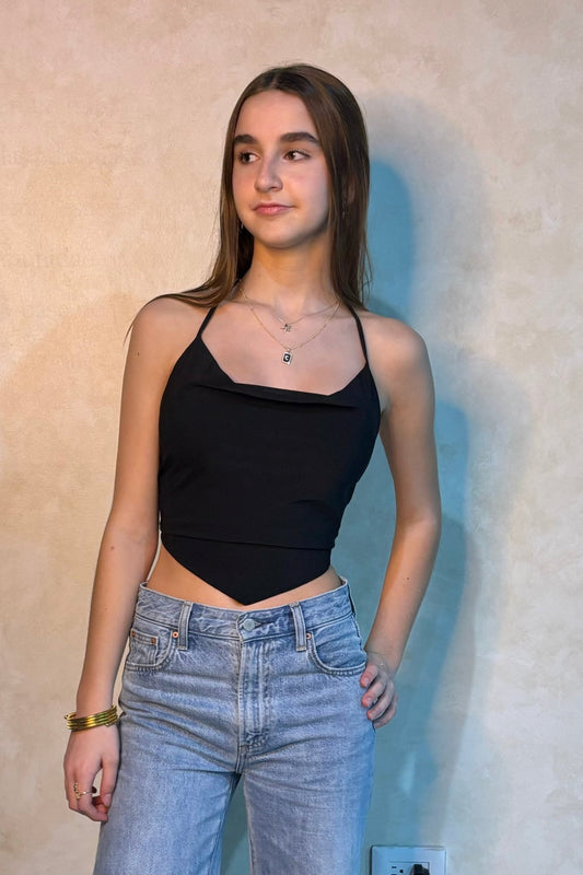 Black Satin Cowl Top With Strappy Back
