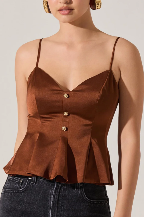 Paislee Satin Pleated Peplum Top Brown