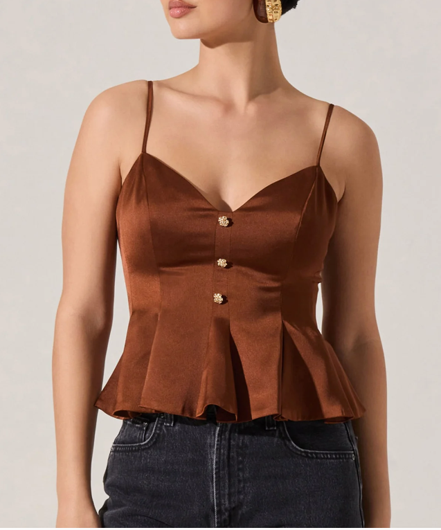 Paislee Satin Pleated Peplum Top Brown