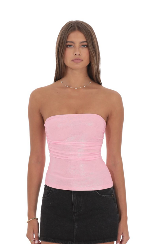 Foil Mesh Ruched Tube Top in pink