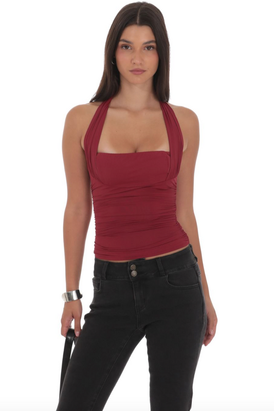 Halter Ruched Top in Burgundy