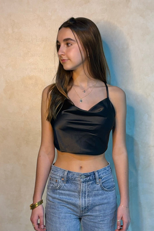 Black Metallic Strappy Back Cowl Neck Top