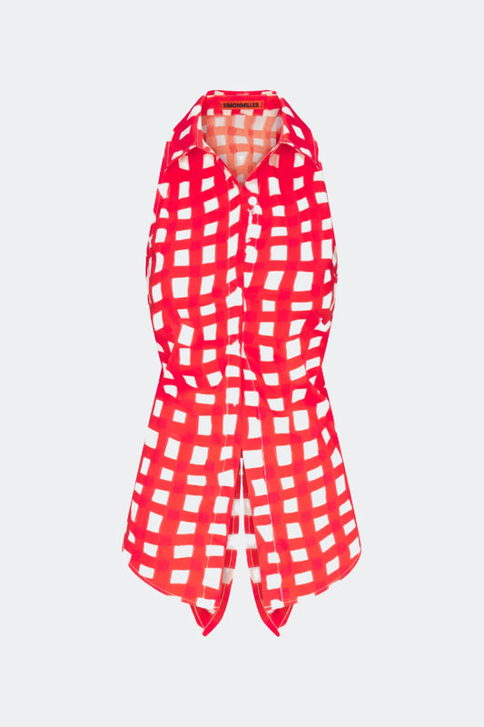 Loch Sleeveless Poplin Button Up Cherry Red