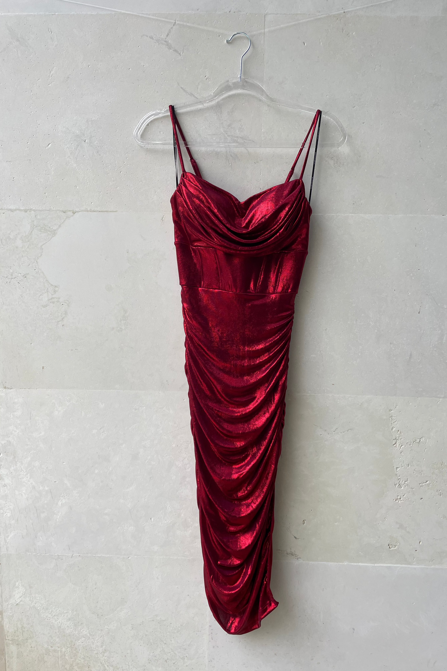 Metallic Fabric Shirring Midi Dress Red