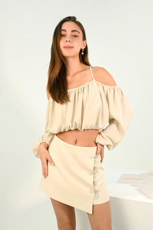 Rhinestone Bow Trim Detail Skirt Ivory