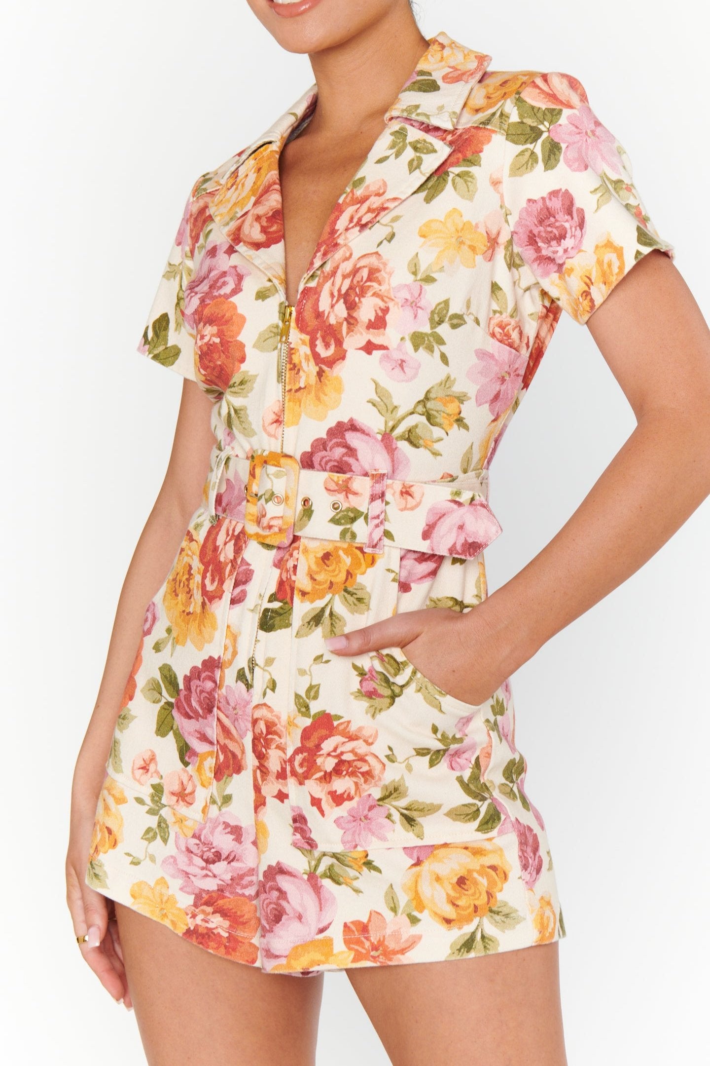 Outlaw Romper Ivory Hillside Floral Denim