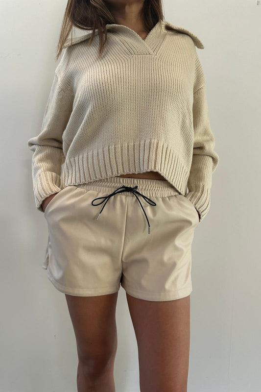 Ecru Matte Leather Elastic Shorts