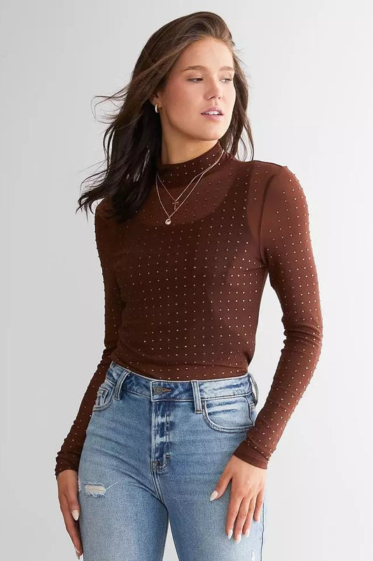 Embellished Mesh Mock Neck Shirt