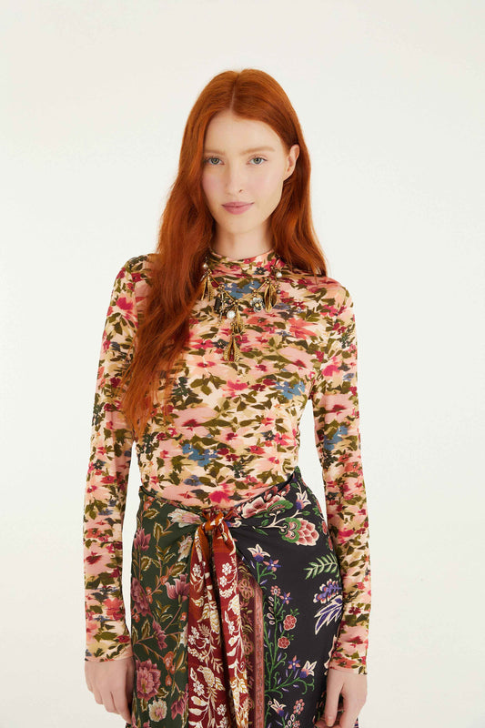 Ikat Tiny Flowers Pink Jersey Blouse