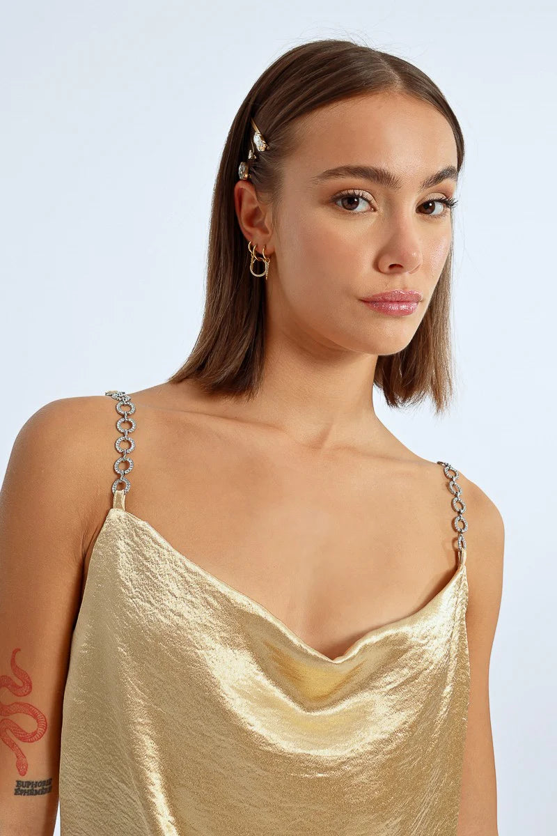 Top Whit Rhinestone Straps Satin Effect - Gold