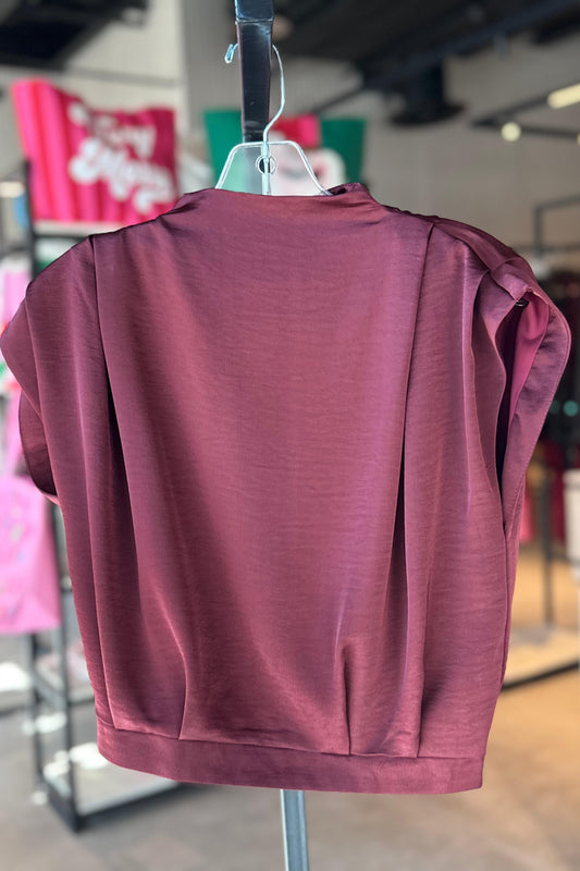 High Neck Back Zipper Top - Burgundy