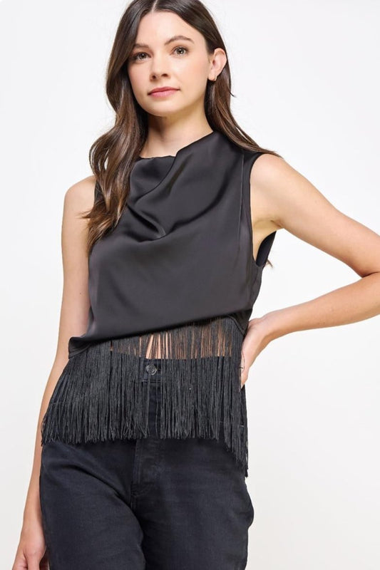 Cowl Neck Fringe Satin Top Black