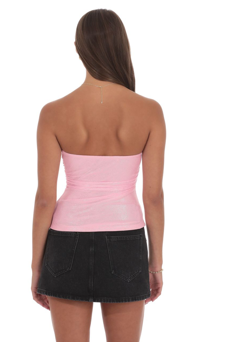 Foil Mesh Ruched Tube Top in pink
