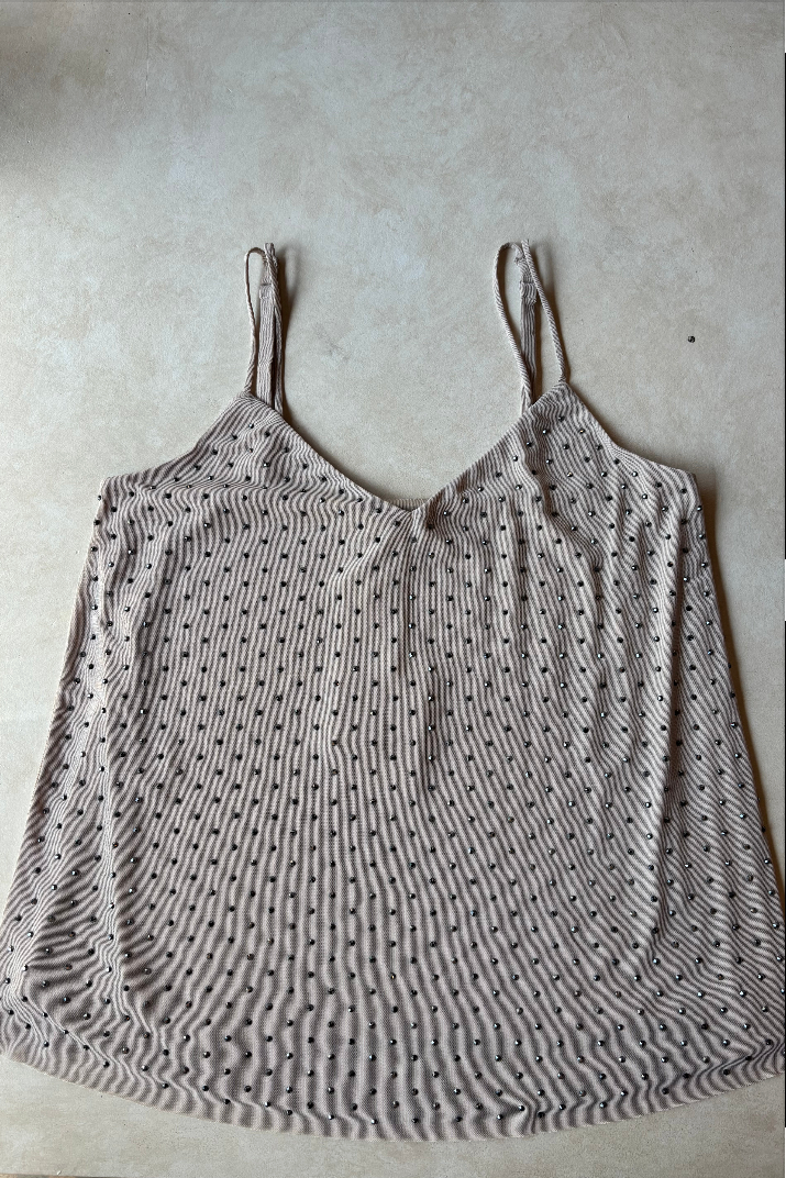 Hot Fix On Mesh Double Shirt - Light Beige