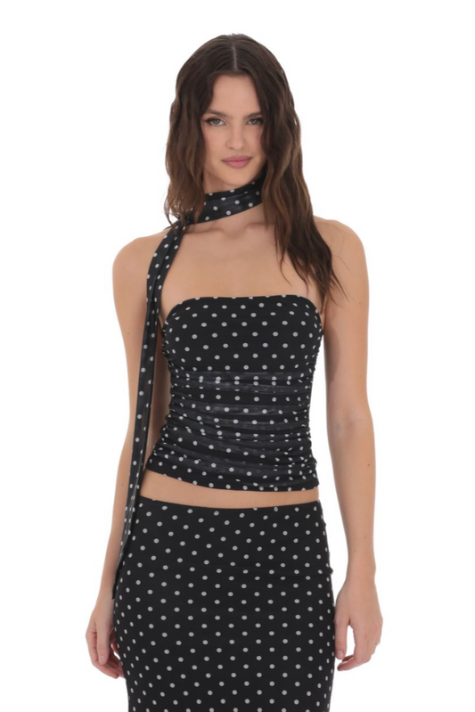 Scarf Polka Dot Mesh Tube Top in Black