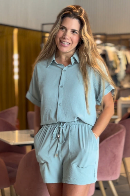 Dusty Teal Short Sleeve Loose Shirt Set