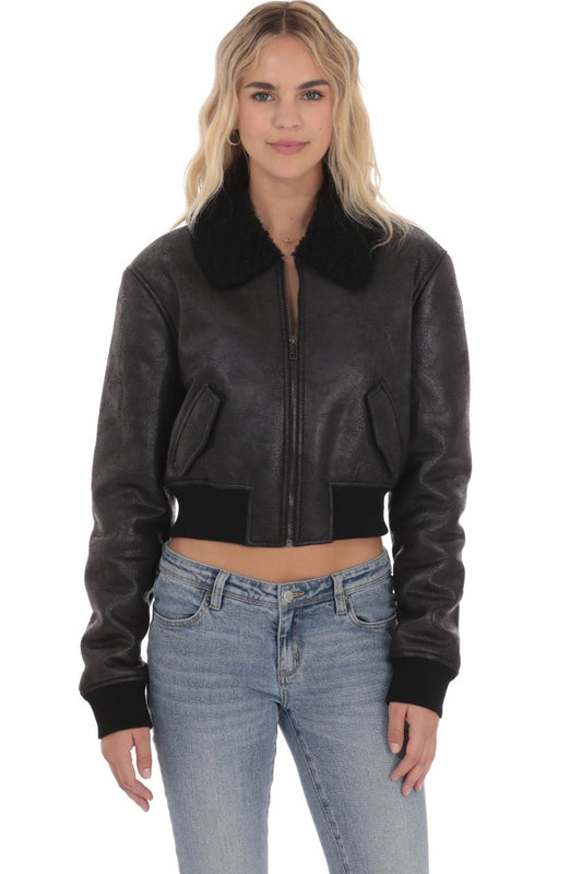 Sherpa Washed Faux Leather Jacket in Black